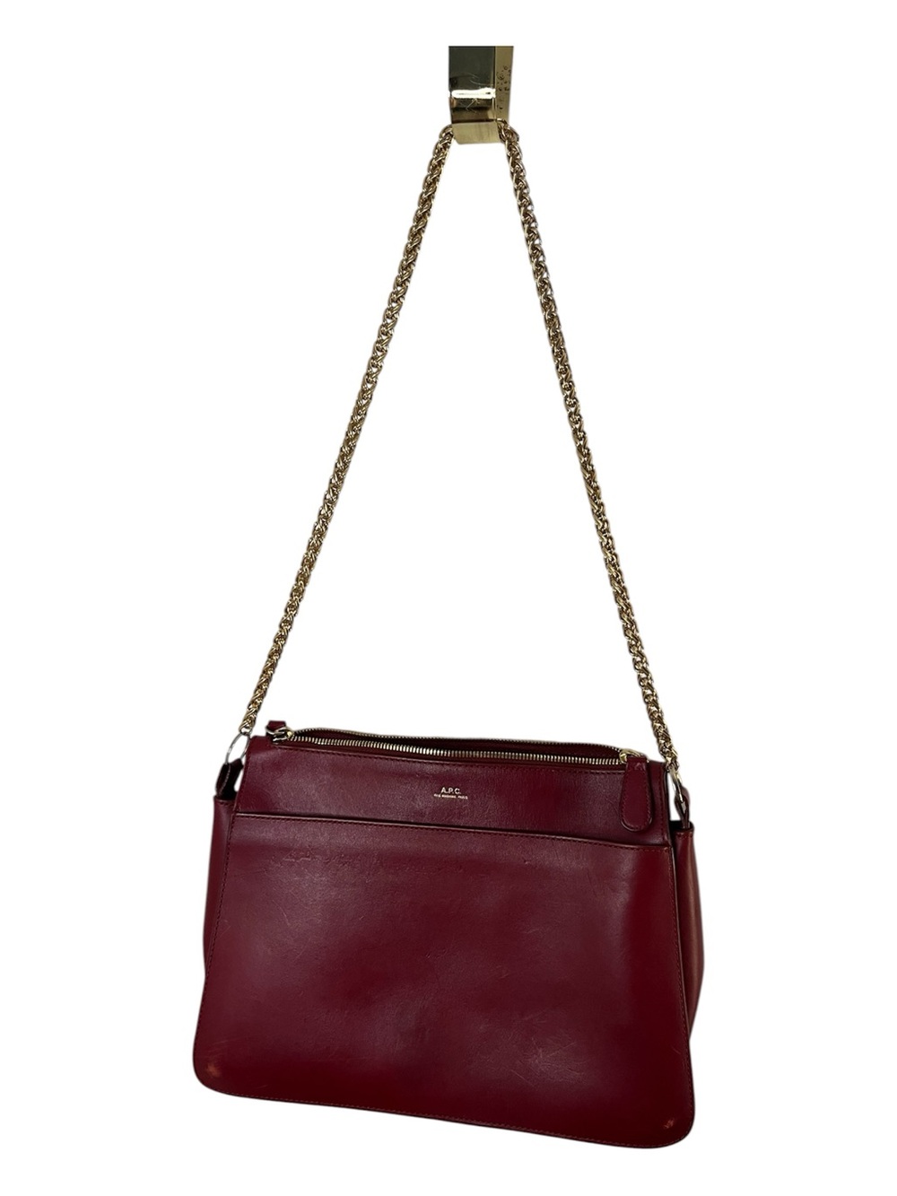 A.P.C. Madame Paris Leather Crossbody Bag in Deep Burgundy with Gold Chain
